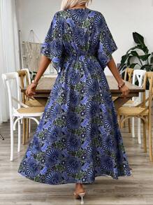 SHEIN LUNE Váy đi biển cổ chữ V tay cánh dơi in họa tiết hoa Bohemian có xẻ cao và thắt eo cho nữ - Nhiều màu - Xem 2