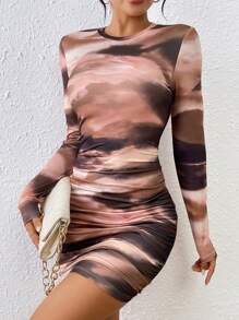 Allurite Women's Fashionable Full Print Ruffle Bodycon T-Shirt Dress - Multicolor - View 5