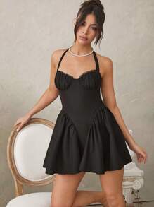 L'Amorae Elegant Lace Bust Trim Ruffle Detail Party Dress - Black - View 1
