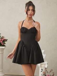 L'Amorae Elegant Lace Bust Trim Ruffle Detail Party Dress - Black - View 5
