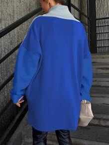 SHEIN Cottnline Women's Contrast Color Turn-down Collar Sweater - Blue - View 2