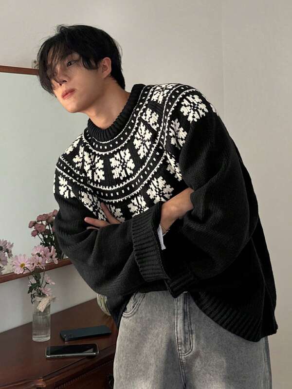 DAZY Men's Crew Neck Long Sleeve Casual Loose Pattern Patchwork Sweater, Autumn