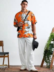 Manfinity VCAY Men's Casual Loose Fit All-Over Print Short Sleeve Woven Shirt,Halloween Shirts,Orange Shirts - Orange - View 3