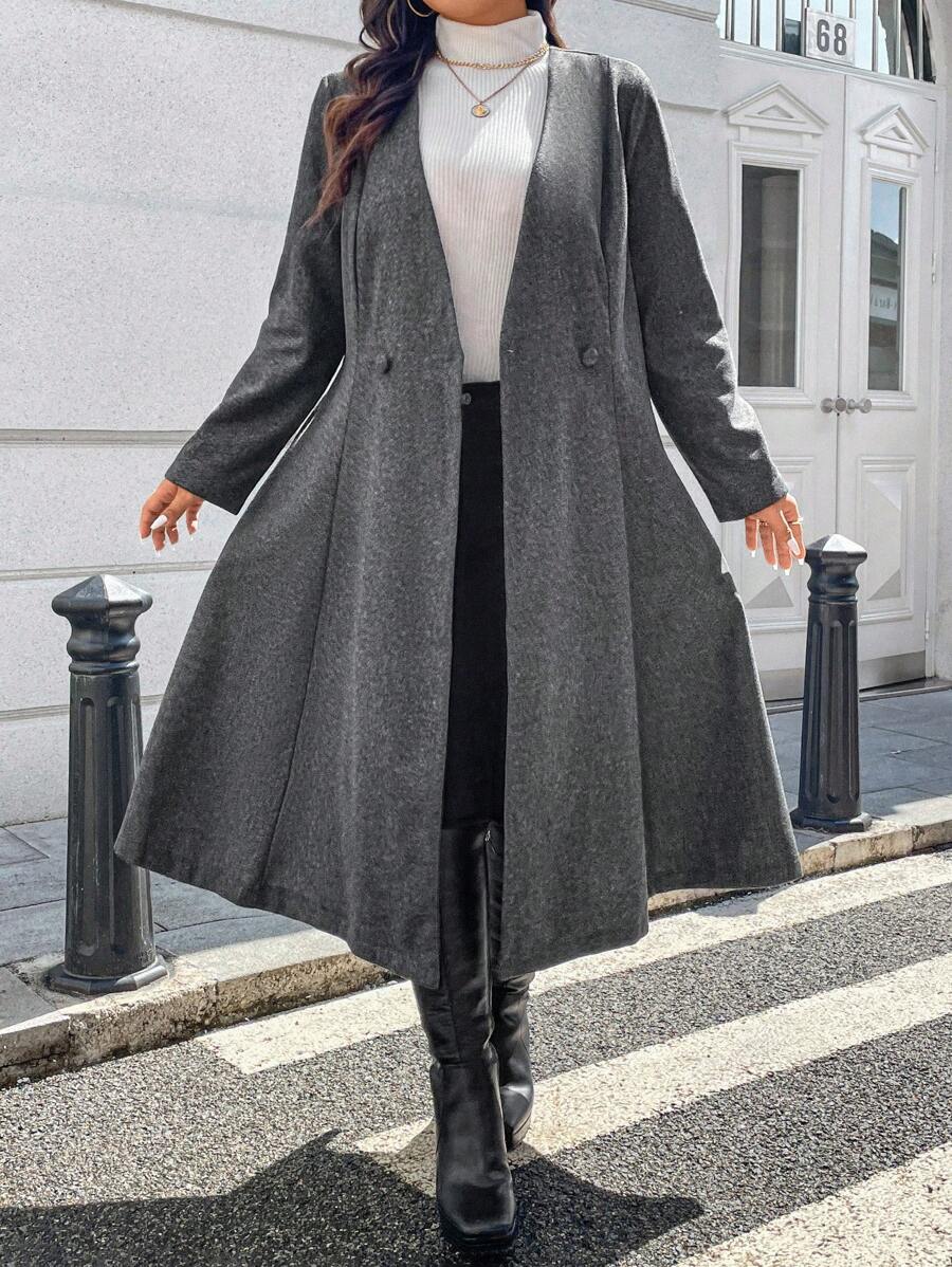SHEIN Unity Plus Size Casual Double-Breasted Long Overcoat, Autumn & Winter