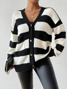 Chiquease 新款秋冬条纹仿貂绒女式开衫 - 黑與白 - 查看 4