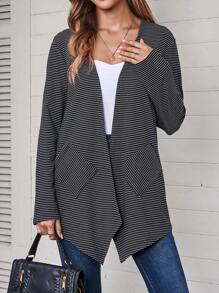 EMERY ROSE Women's Spring And Autumn Casual Striped Regular Jacket - Black and White - View 2