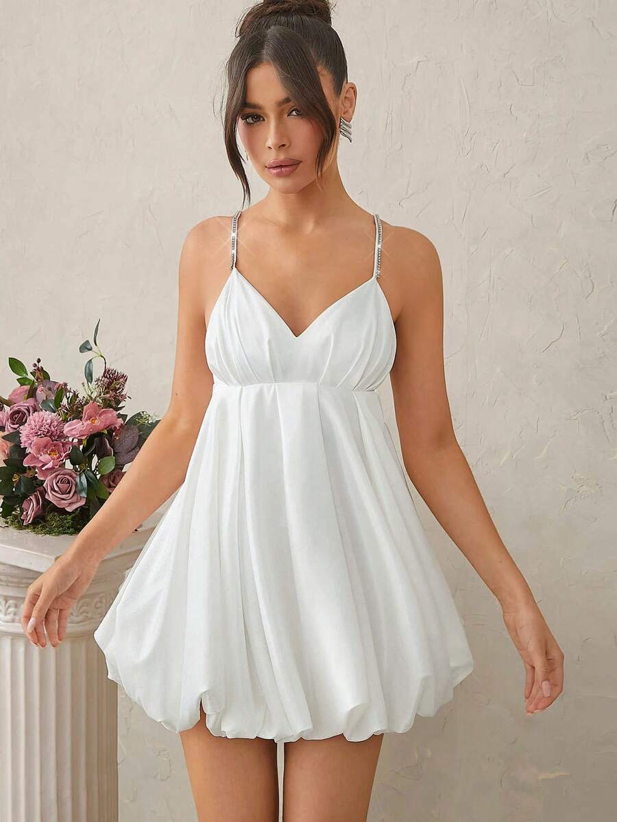 L'Amorae 女士纯色优雅细肩带编织连衣裙 - 白色 - 查看 1