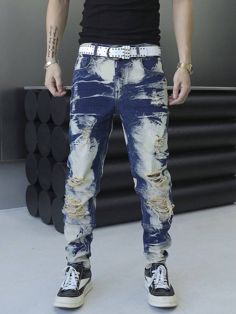 Manfinity LEGND Quần jean denim rách nhiều túi phía trước dành cho nam, trang phục thường ngày - Màu xanh lam - Xem 1