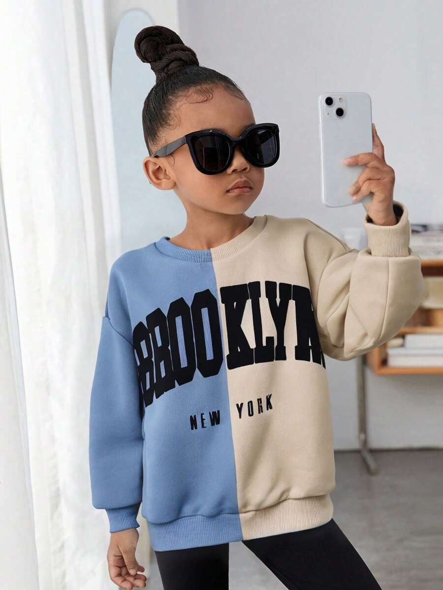 SHEIN Young Girl Colorblock Letter Slogan Graphic Round Neck Sweatshirt, Autumn / Winter - Multicolor - View 1