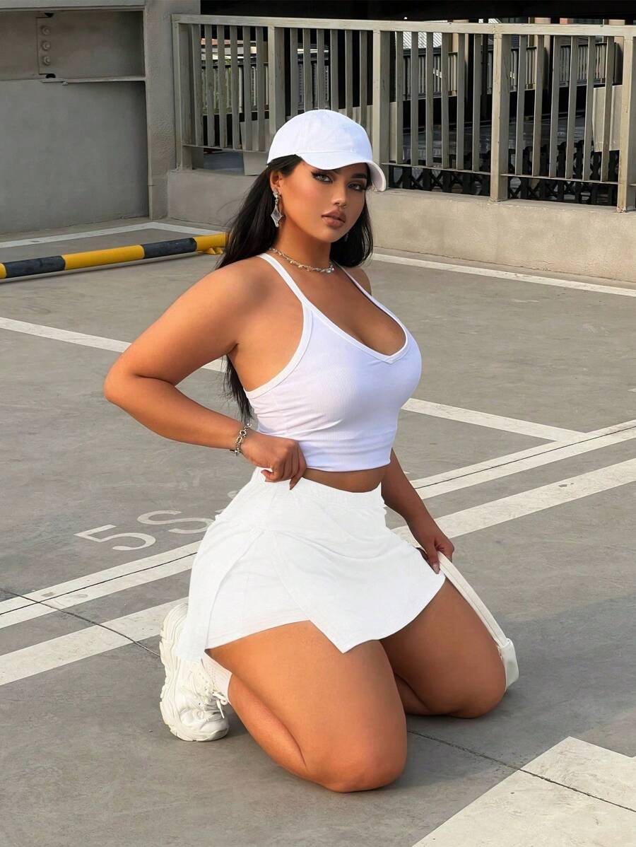 Flirla Plus Size Women Solid Color Simple Casual Skirt - White - View 1