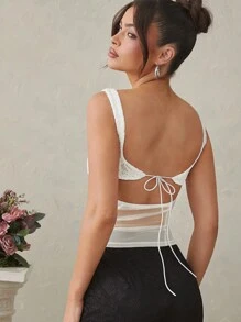 L'Amorae Top de tirantes lindo con detalle de lazo en la parte delantera con escote de encaje