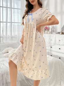 Women's Floral V-Neck Ruffle Splice Puff Sleeve Nightgown Babydoll Perfect Summer, Moo Moo Sleep Dress - Apricot - View 5