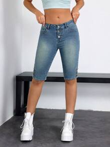 SHEIN EZwear Quần denim dài đến đầu gối một hàng khuy dành cho nữ, mùa hè - Rửa trung bình - Xem 6