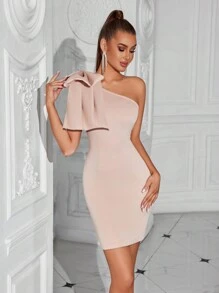 ADYCE One Shoulder Short Party Dress With Bowknot - Apricot - View 1