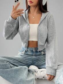 SHEIN PETITE Y2k 秋冬拉链短款连帽衫 - 灰色 - 查看 9