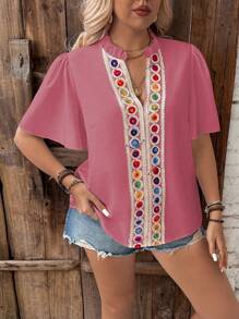 Breezaya 大码 V 领彩色缎带刺绣短袖衬衫，夏季