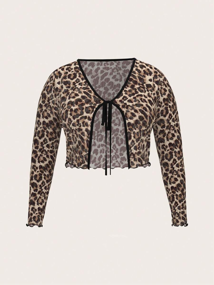 SHEIN EZwear 女式加大码豹纹长袖短款上衣，前系带 - 彩色 - 查看 1