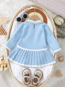 SHEIN Genkimix Kids 女宝宝天蓝色可爱休闲长袖圆领针织连衣裙 - 藍色 - 查看 2