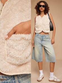 Forever 21 Damen Beige Ausgeh-/Gemütlicher/Einfacher/Reißverschluss/Süßer Kurzer/Teddy Mantel Top für Herbst & Winter - Beige - Übersicht 14