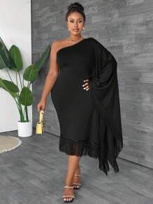 Maweii Plus Size Nữ Màu Trơn Đơn Giản Trang Trí Viền Cổ Bất Đối Xứng - màu đen - Xem 5