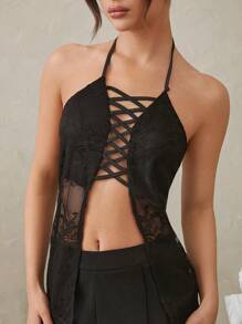 L'Amorae Split Hem Lace Up Halter Neck Sleeveless Top - Black - View 2