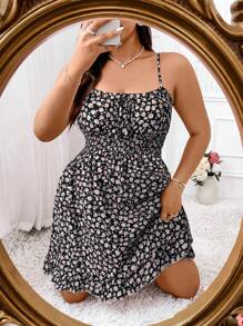 Elenzga 大码波西米亚风花卉印花无袖中长连衣裙，适合夏季度假海滩装女式 - 黑色 - 查看 4