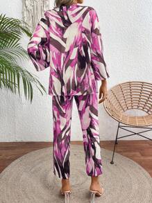 Breezaya 2 件套树叶印花休闲和服风格长袖上衣和裤子，夏季 - 玫紅色 - 查看 2