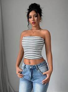 SHEIN Unity Damen Sommer Lässig Vacation Gepasster gestreifter Bandeau-Top - Verschiedenfarbig - Übersicht 4