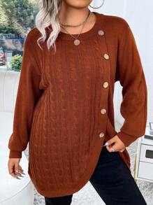 SHEIN LUNE Plus Size Solid Color Button-Front Knit Sweater, Autumn/Winter Knit Pullover Fall - Redwood - View 3
