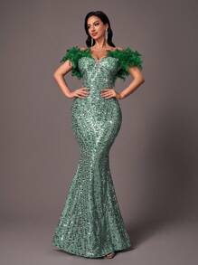 SHEIN Belle Elegant Romantic Beaded & Feather Decorated Women's Evening Gown (Deluxe Edition) (Faux Fur Shoulder Decor), Formal Prom Dress, For Wedding Guest, Graduation, Dinner - Dark Green - View 4