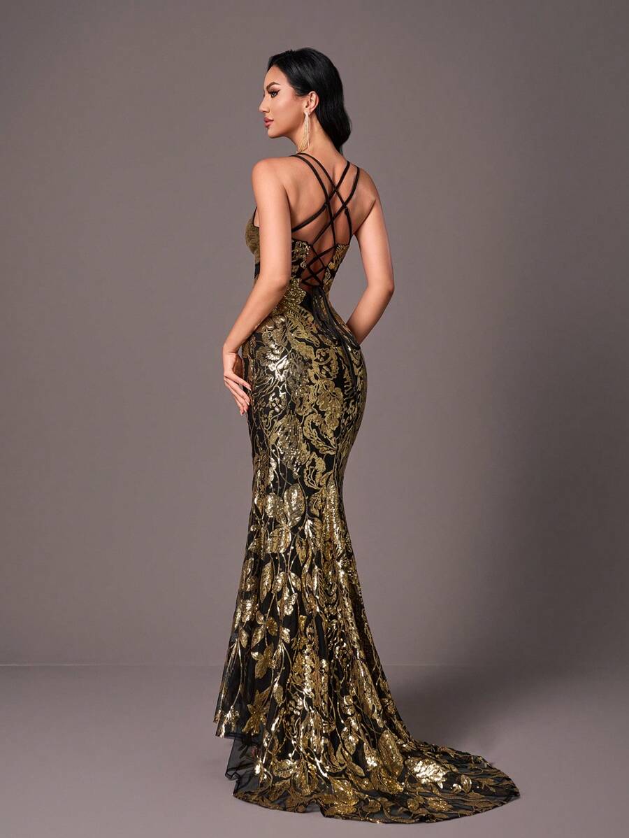 Glamrae Váy dạ hội dài chấm đất hở lưng sang trọng, gợi cảm, sang trọng, thanh lịch, váy dạ hội bán trang trọng, cho tiệc sinh nhật, tiệc cưới, tiệc tốt nghiệp - màu đen - Xem 1