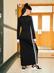 SHEIN Explorewe Teen Girls Contrast Color Printed Long Sleeve Dress - Black - View 2