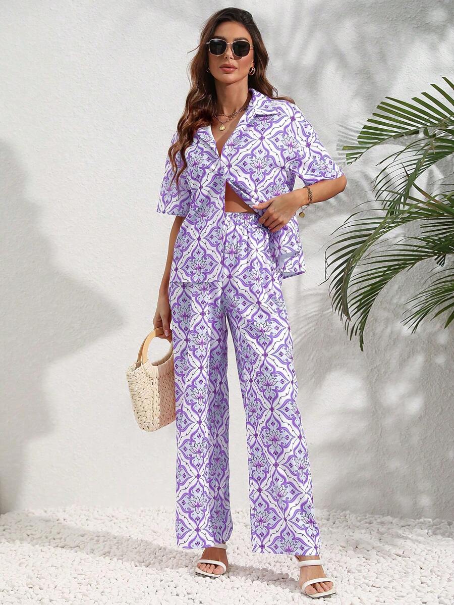Breezaya 2 件女式复古风格印花短袖上衣和裤子，休闲日常穿着套装 - 紫色 - 查看 1