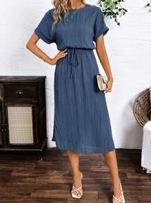 SHEIN Clasi Summer Military Green Textured Tie-Waist Short Sleeve Dress For Women