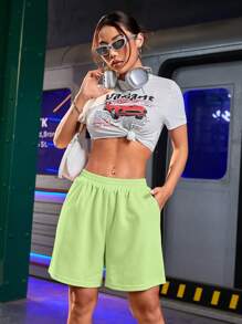 SHEIN Sports Quần short thể thao mùa hè co giãn dành cho nữ - màu xanh lá - Xem 2