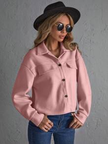 SHEIN Essnce Chaqueta minimalista de manga larga con botones delanteros y bolsillo falso de unicolor, para uso casual diario en otoño/invierno - Rosa vieja - Ver 5
