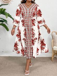 SHEIN Clasi 大码女式花卉印花 V 领短袖简约日常连衣裙 - 酒紅色 - 查看 3