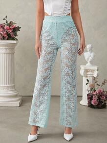 L'Amorae Lace Sheer High Waist Pants - Blue - View 5