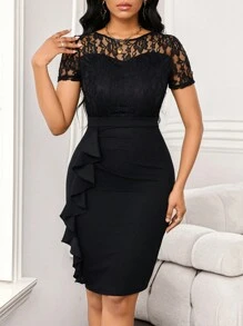 SHEIN Lady Wedding Guest Dress Lace Splicing Ruffled Women's Hip Skirt Work Party Women's Dress - Black - View 3