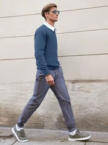 RueChic Men Solid V Neck Sweater Without Shirt - Blue - View 8