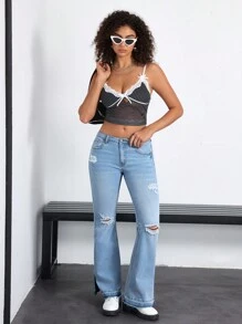 SHEIN EZwear 女士破洞下摆喇叭牛仔裤 - 淺色水洗藍 - 查看 1