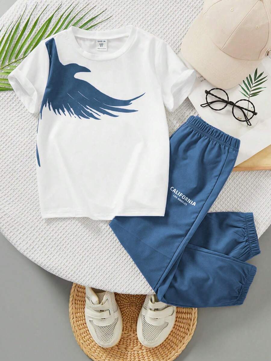 SHEIN Explorewe 男童老鷹印花圓領短袖休閒T恤和Jogger褲裝套組，夏季 - 藍色 - 查看 1