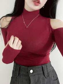 DAZY 女士修身高领T恤，中国新年款，酒红色，适合春、夏、秋季穿着，长袖女式上衣，秋季款 - 酒紅色 - 查看 2