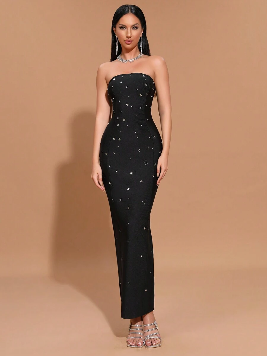 Modphy Vestido largo con escote palabra de honor sin espalda, con strass negro, vestido de noche formal sexy para damas de honor, fiesta - Negro - Ver 1