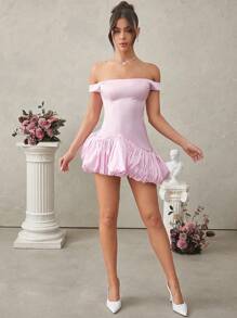 SHEIN Unity Elegant Solid Off Shoulder Bubble Hem Mini Dress - Baby Pink - View 6