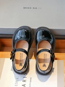Girls' Round Toe Black Leather School Student Shoes, Princess Dress Flats