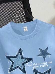 SHEIN EZwear 超大款休闲简约五角星图案圆领短袖T恤女款，适合夏季，男女通用 - 淺藍色 - 查看 6
