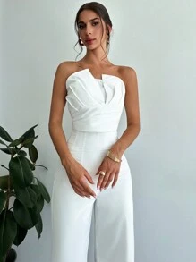 Firerie Women Elegant Design Asymmetrical Strapless Crop Tube Top & High Waisted Faux Boned Straight Pants Set, All White Two-Piece Outfit