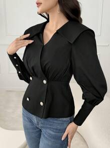 Modelyn Women's Solid Color Simple Daily Button Decorated V-Neck Long Sleeve Blouse