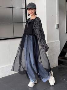 FRIFUL 女式纯色网眼撞色拉链无袖夏季连衣裙 - 黑色 - 查看 1